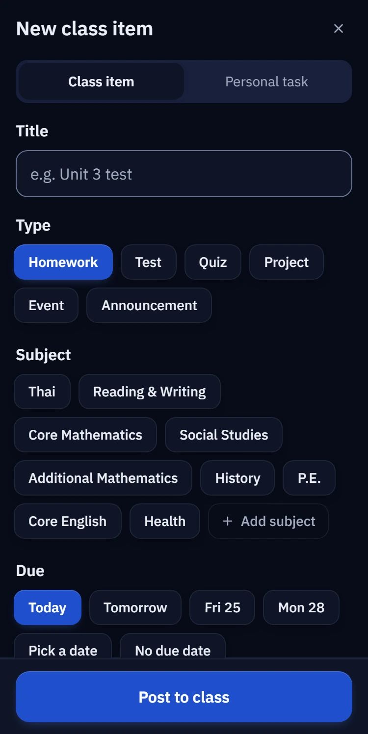 Posting a new class item: title, type, subject and due date
