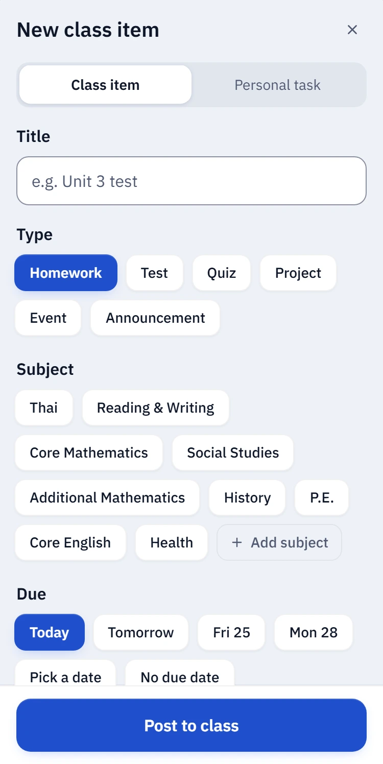 Posting a new class item: title, type, subject and due date