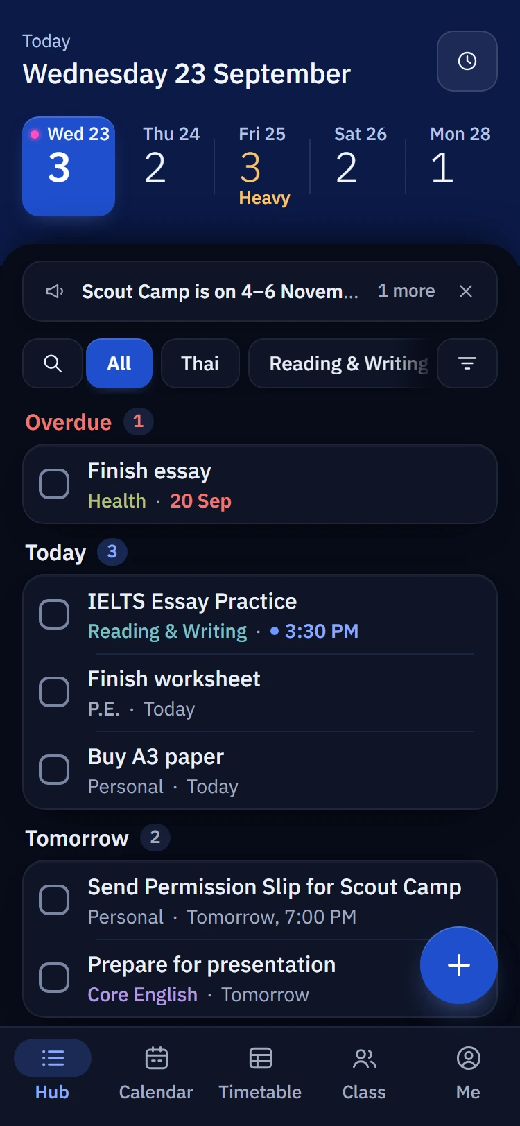 The mySKhw hub on a phone: this week's strip and the class homework list